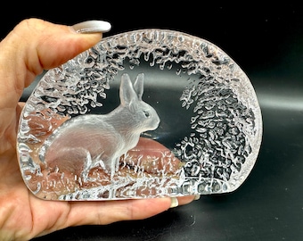 Vintage Glass rabbit paperweight sculpture, Mats Jonasson, Made in Sweden