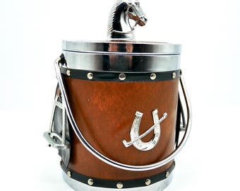 Vintage 1970s Equestrian Ice Bucket – Horse Head Lid, Faux Leather & Chrome, Barware Decor