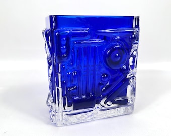 Cobalt Blue Art Glass Vase – Vintage Scandinavian Mid Century Textured Design, Sweden 1960s