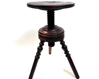 Antique Adjustable Wooden Piano Stool, Rustic Music Seat