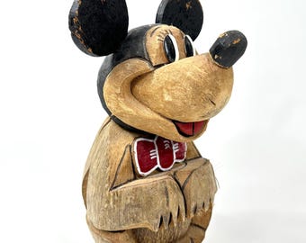 Vintage Tiki Mickey Mouse Sculpture – Hand-Carved Coconut Art, Retro Hawaiian Bar ware Figurine
