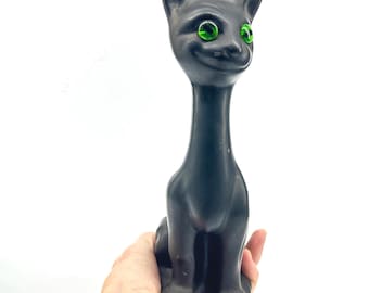 Bretby Pottery Black Cat Figurine – Victorian Smiling Cat with Green Glass Eyes