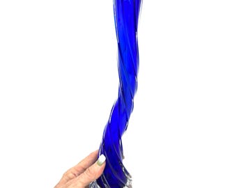 Vintage Scandinavian Cobalt Blue Glass Vase: Twisted Spiral Design, 38cm