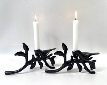 Sculptural black metal candle holders with bird design, vintage pair
