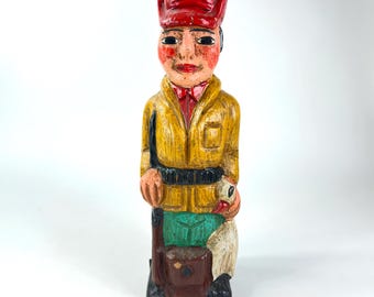 Antique Hand-Carved Wine Bottle Box – Huntsman, Folk Art Barware c.1940s