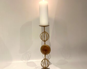 Scandinavian candle holder, amber glass, gilded metal, 37 cm