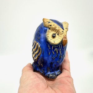Figurine hibou vintage en céramique – oiseau en poterie bleue, décoration animalière émaillée de 10 cm
