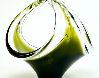 Vintage Flygfors Coquille Glass Basket Vase – Paul Kedelv, 1960s Mid-Century Swedish Art Glass