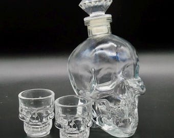 Vintage Art Glass Skull Decanter with Tiki Shot Glasses - Retro Barware Set