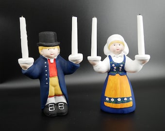 Vintage Hand-Painted Ceramic Candle Holders: Swedish Folk Costume Figurines