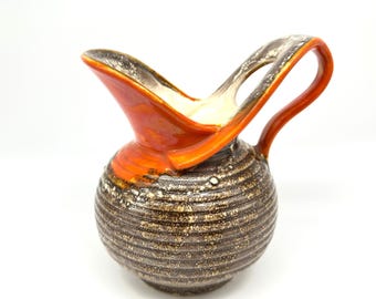 Vintage west german lava glaze pottery jug – orange & brown fat lava pitcher, 1960s