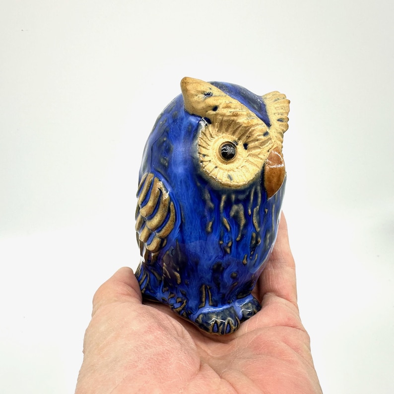 Ceramic owl figurine – blue pottery bird, 10 cm image 1