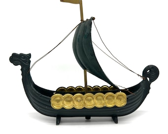 Vintage Metal Viking Ship – Scandinavian Dragon Boat Model with Gold Shields – 29 cm
