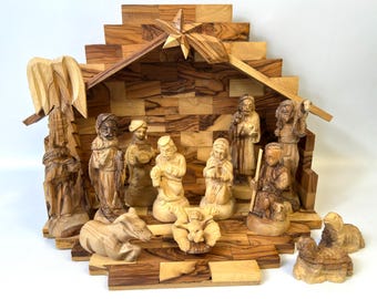 Hand-Carved Olive Wood Nativity Set from Bethlehem – 13-Piece Mid-Century Holy Land Christmas Scene