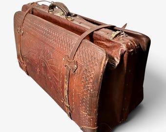 Antique Leather Suitcase, Hand Tooled Travel Bag, Early 20th Century Embossed Luggage