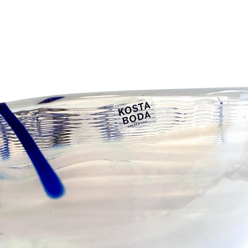 Pu&ograve; includere: Una ciotola in vetro trasparente caratterizzata da una superficie testurizzata e ondulata con una linea di accento in vetro blu. Un adesivo quadrato &egrave; applicato sul lato della ciotola con il testo nero KOSTA BODA SWEDEN 1742, indicando il produttore.