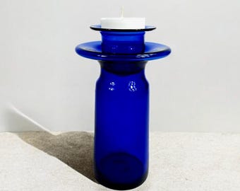 Vintage minimalist blue glass candle holder. Made in Sweden
