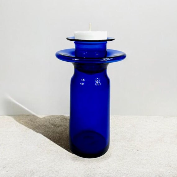 Vintage Scandinavian blue art glass candle holder, 1980s