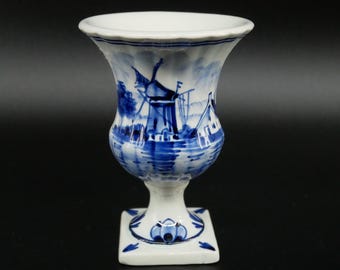 Vintage Dutch Delft Blue Ceramic Urn – Hand-Painted Windmill Design, Made in Holland
