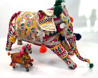 Vintage Embroidered Elephant: Rajasthani Folk Art with Mirror & Beads