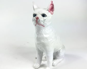 Vintage ceramic cat figurine – white crackle glaze, hand-painted, mid-20th c.