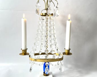 Vintage Brass & Crystal Candelabra – Swedish Gustavian Style, Two-Arm Candle Holder, 40cm