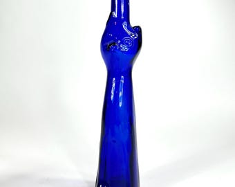 Vintage Blue Glass Happy Cat Bottle – Collectible Wine Decanter, Vase, or Candle Holder