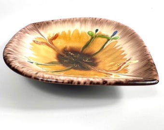 East German Pottery Bowl, Sunflower Decor, Drip Glaze Ceramic, 1960s