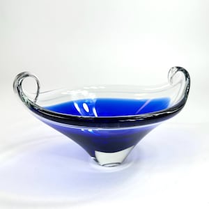 Blue and Clear Glass Murano Bowl – Mid-Century Freeform Italian Art Glass Centerpiece