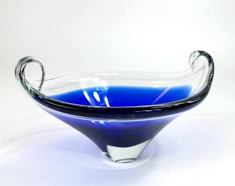 Blue and Clear Glass Murano Bowl – Mid-Century Freeform Italian Art Glass Centerpiece