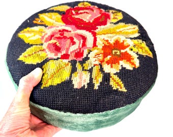 Floral Needlepoint Footstool – Antique Upholstered Stool