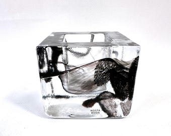 Kosta Boda Brick Votive – Vintage Anna Ehrner candle holder, Black Ice Glass Sculpture