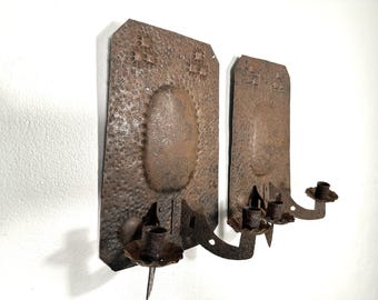 Arts and Crafts Wrought Iron Candle Holders – Hand-Forged Wall Sconces, Set of 2