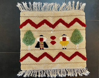 Vintage 1970s woven wool wall tapestry – handwoven folk art wall hanging
