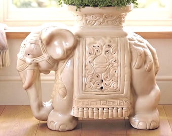 Soporte para plantas con forma de elefante, taburete grande de cerámica para jardín, mesa auxiliar de cerámica blanca, decoración estilo Hollywood Regency.