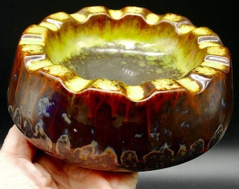 Strehla ceramic ashtray - 1960s east german fat lava pottery, yellow and brown