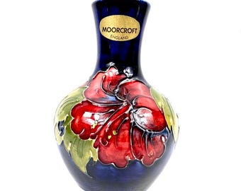 On Hold*** Vintage Moorcroft “Hibiscus” Vase – Handcrafted English Art Pottery, Cobalt Blue Glaze