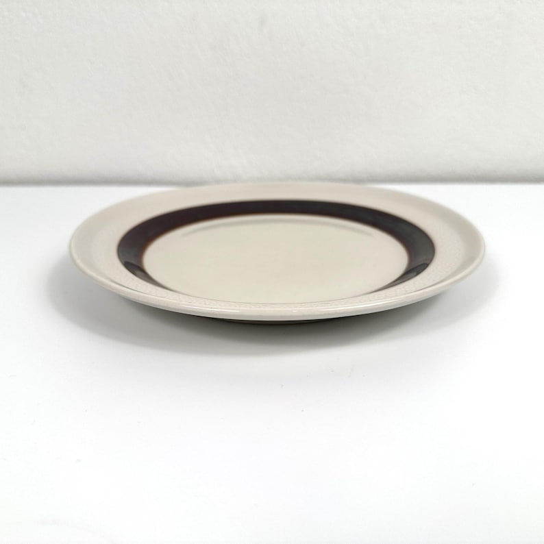 May include: A white ceramic plate with a brown band around the edge.