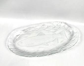 Large Glass Fish Platter, Clear Pressed Glass Serving Plate