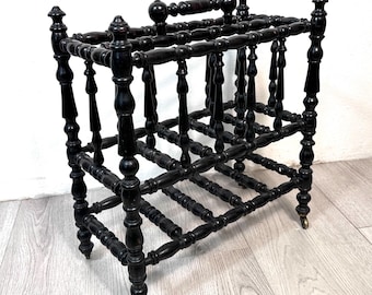ON HOLD*** Magazine Rack Napoleon III – Blackened Wood, Brass Wheels, 19th Century French Decor