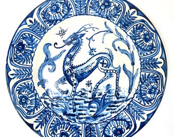 Large Spanish Talavera-Style Charger 40 cm – Blue & White Mythical Deer Wall Plate, Hand-Painted, 1940s