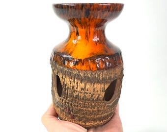Vintage Danish Studio Pottery Candleholder – 1970s Drip Glaze Tealight Holder, Signed Base