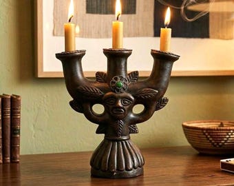 Candelabro vintage in ceramica, arte popolare, statuetta in stile Tiki, decorazione di metà secolo