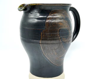 Vintage Studio Pottery Pitcher – Hand-Thrown Ceramic Jug with Swirl Glaze, Signed by Artist