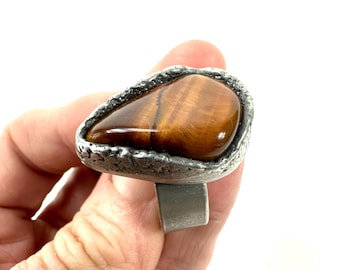 Anello in argento occhio di tigre, anello di tendenza regolabile, gioiello vintage brutalista