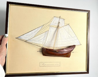 Framed Half-Hull Model: Sloop Americain 1741, Mid-Century Nautical Wall Art