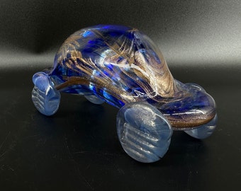 Vintage Abstract Blue and Gold Glass Car figurine Sculpture - Signed