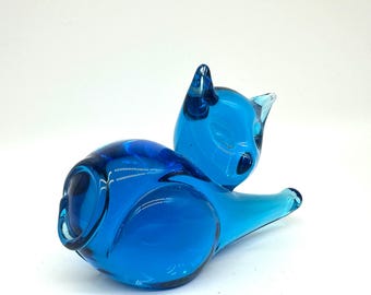 Mid-Century Art Glass Cat Figurine - Swedish Blue Crystal Ornament