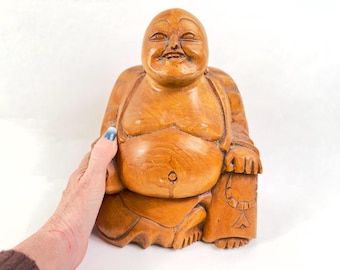Hand Carved Wooden Buddha Statue, Signed Vintage Wood Sculpture