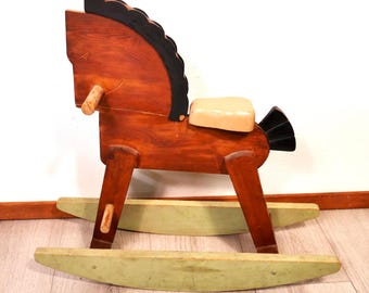 Vintage Wooden Rocking Horse – Handcrafted Folk Art, Rustic Nursery Decor, Mid-Century Scandinavian Toy